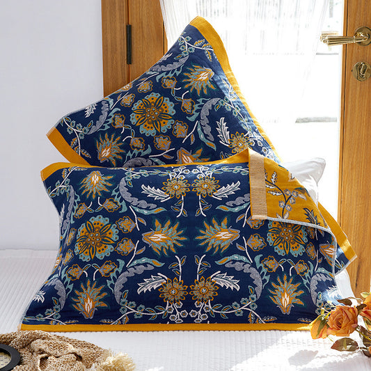 Single Blue Floral Pillow Towel Premium Cotton Gauze Pillow Towel Pair - Simple Nordic Style (52x75cm) V888-ELOSUNG24721