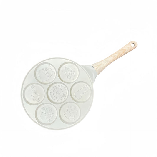 Beige Cartoon + Wood Grain Handle (Gas Model) Non-Stick Pancake Pan - 7-Hole Fun Shapes Breakfast Griddle V888-ELOSUNG24752