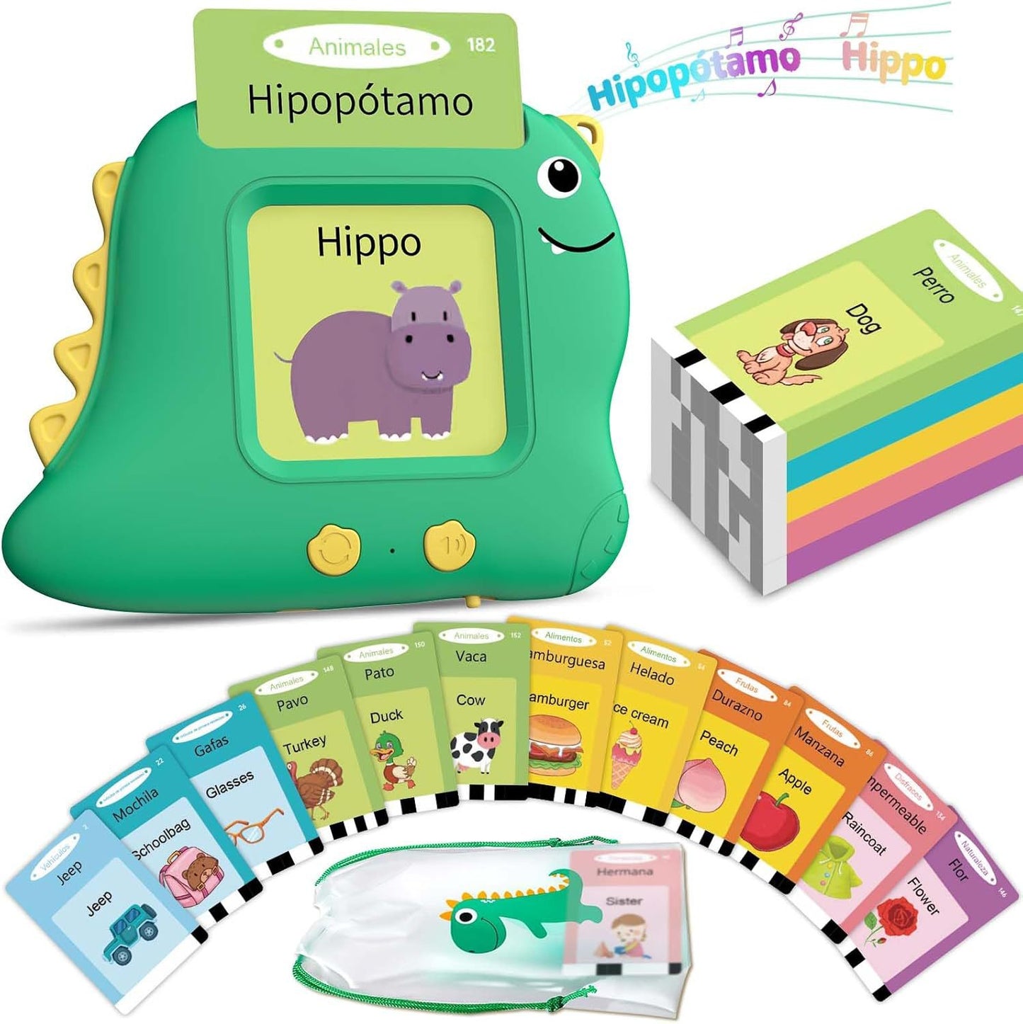 Little Green Dinosaur [112 cards] Bilingual Early Learning Flash Card Reader - Interactive Audio Toy for V888-ELOSUNG24756