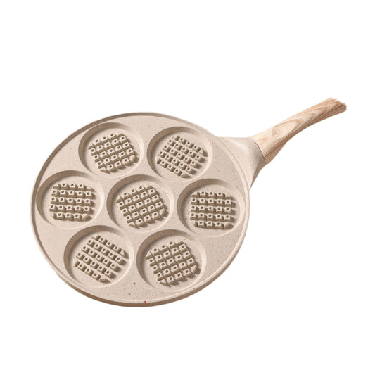 Beige Waffle + Wood Grain Handle (Gas Model) Non-Stick Pancake Pan - 7-Hole Fun Shapes Breakfast Griddle V888-ELOSUNG24789
