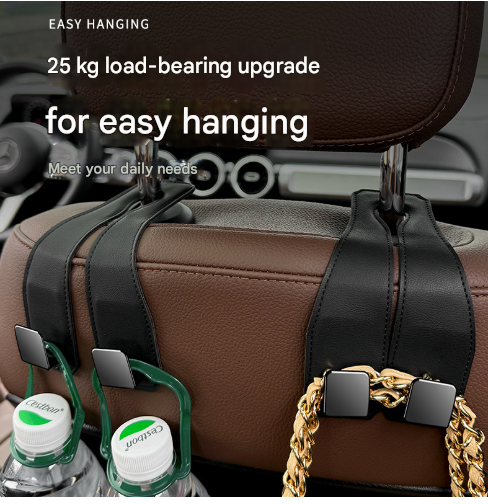 Grey Heavy Duty Car Headrest Hooks (Set of 4 Units) - PU Leather Seat Back Organizer Hangers V888-ELOSUNG24822