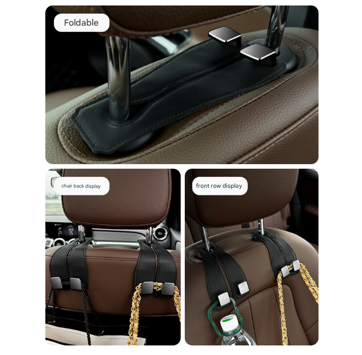 Coffee Heavy Duty Car Headrest Hooks (Set of 4 Units) - PU Leather Seat Back Organizer Hangers V888-ELOSUNG24823