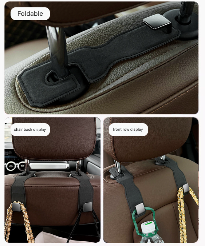 Black Premium PU Leather Car Headrest Hooks (Set of 4) - Stylish Seat Back Organizer Hangers V888-ELOSUNG24841