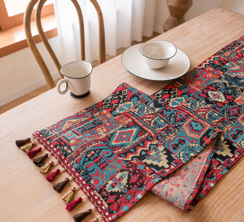 Two Orioles in Jacquard Rice 33-180cm Elegant Geometric Jacquard Table Runner with Tassels - Modern Dining & V888-ELOSUNG24900