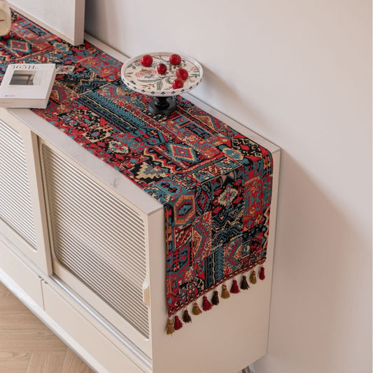 Vintage Jacquard 33-180cm Elegant Geometric Jacquard Table Runner with Tassels - Modern Dining & Coffee Table V888-ELOSUNG24901