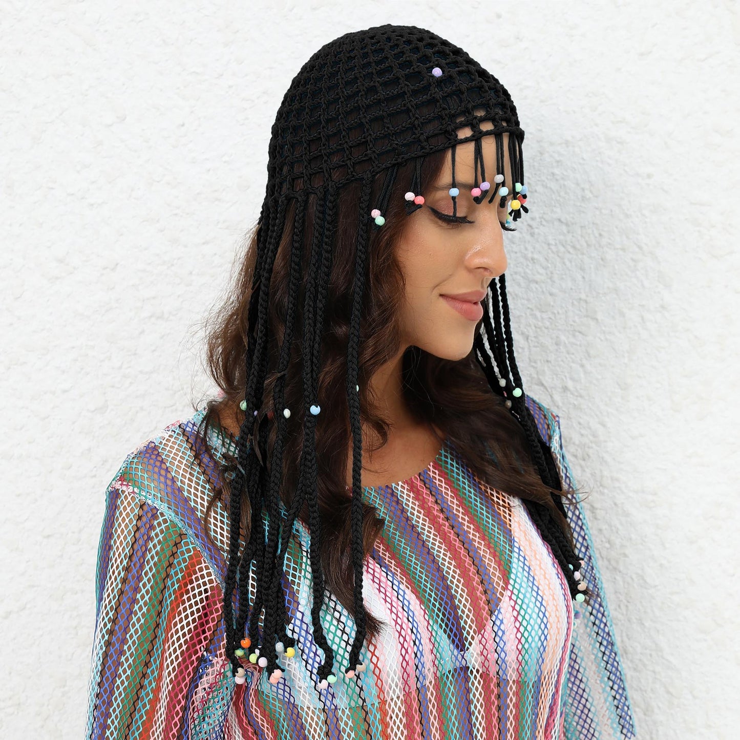 Black Boho Hand-Crocheted Tassel Sun Hat - Lightweight Breathable Beach Cap (Fits 55-60cm) V888-ELOSUNG24909