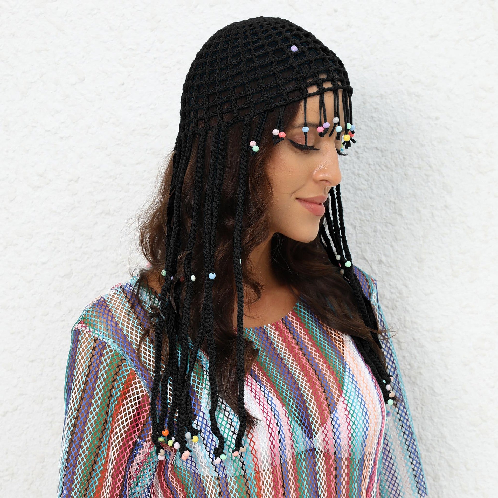 Black Boho Hand-Crocheted Tassel Sun Hat - Lightweight Breathable Beach Cap (Fits 55-60cm) V888-ELOSUNG24909