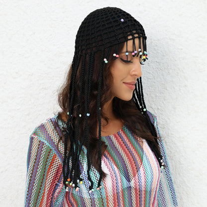 Black Boho Hand-Crocheted Tassel Sun Hat - Lightweight Breathable Beach Cap (Fits 55-60cm) V888-ELOSUNG24909