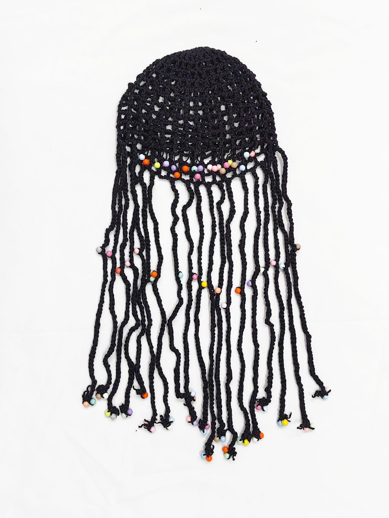 Black Boho Hand-Crocheted Tassel Sun Hat - Lightweight Breathable Beach Cap (Fits 55-60cm) V888-ELOSUNG24909