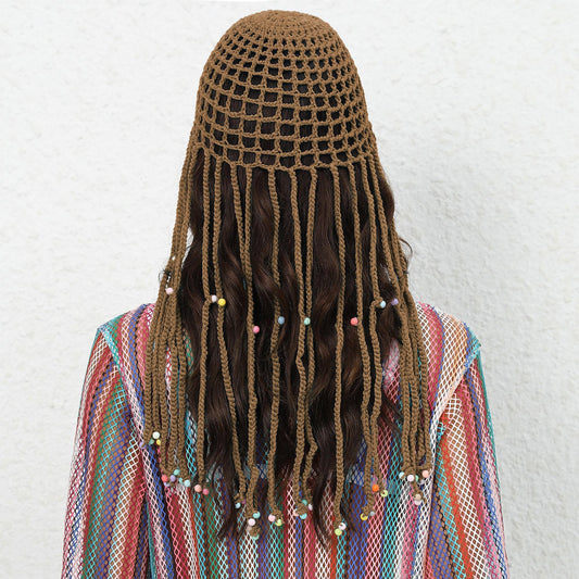 Beige Boho Hand-Crocheted Tassel Sun Hat - Lightweight Breathable Beach Cap (Fits 55-60cm) V888-ELOSUNG24912