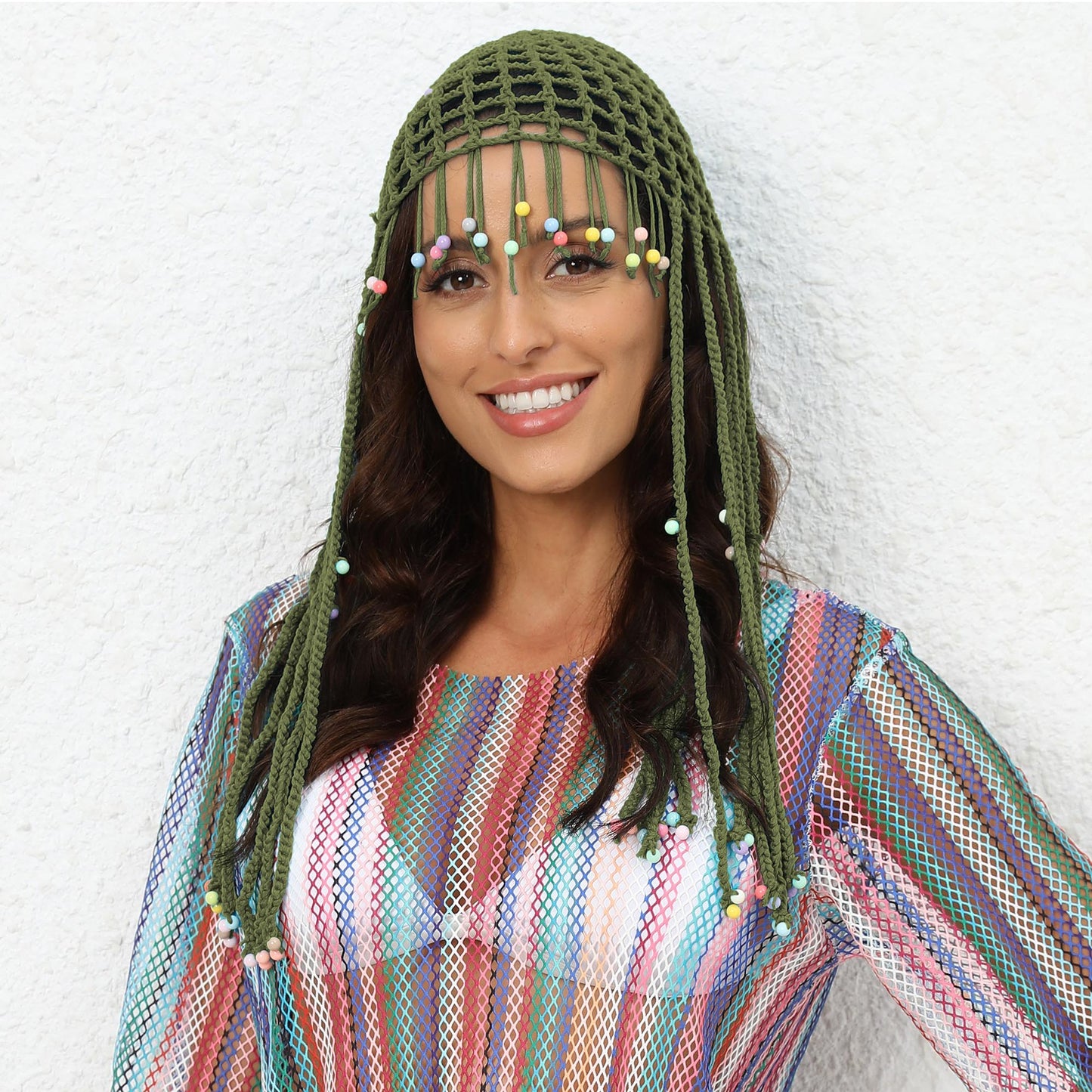 Green Boho Hand-Crocheted Tassel Sun Hat - Lightweight Breathable Beach Cap (Fits 55-60cm) V888-ELOSUNG24913