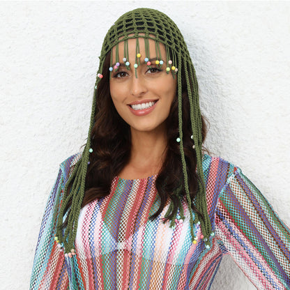 Green Boho Hand-Crocheted Tassel Sun Hat - Lightweight Breathable Beach Cap (Fits 55-60cm) V888-ELOSUNG24913