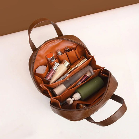 Black Retro PU Leather Cosmetic Bag - Large Capacity Travel Toiletry Organizer Pouch V888-ELOSUNG24935