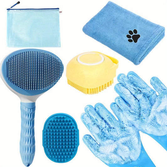Blue 6-Piece Dog Grooming Bath Set - Absorbent Microfiber Towels & Wash Mitts for Shiny Coats V888-ELOSUNG24979