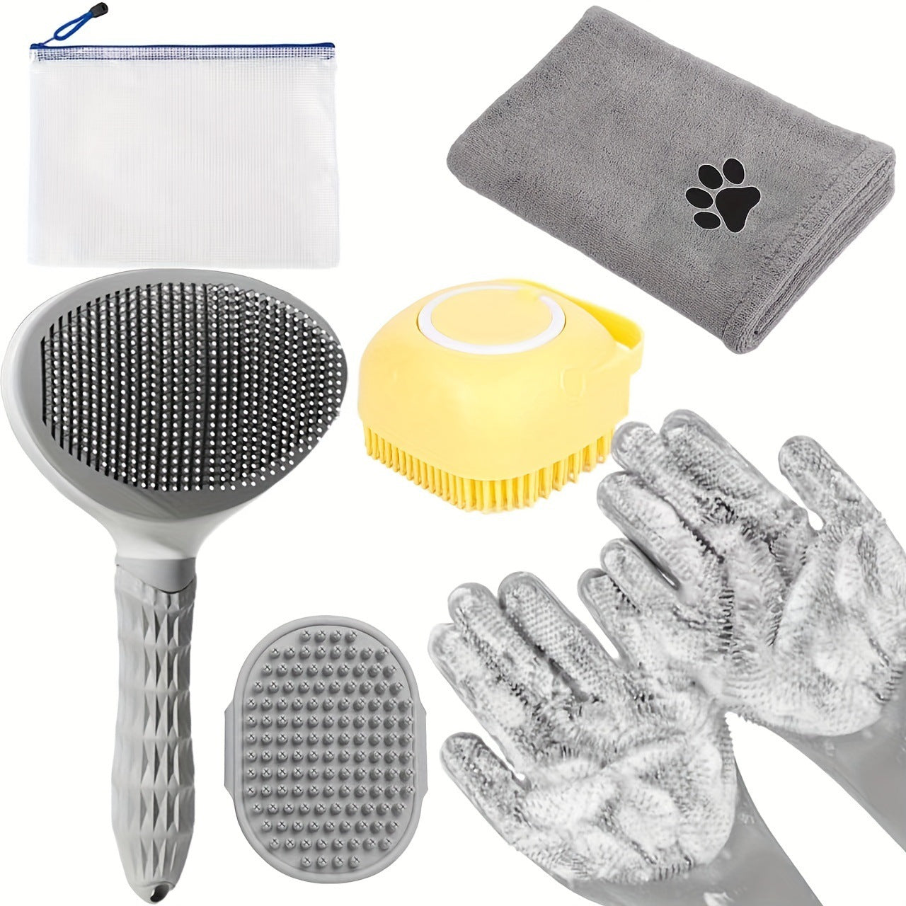Grey 6-Piece Dog Grooming Bath Set - Absorbent Microfiber Towels & Wash Mitts for Shiny Coats V888-ELOSUNG24980