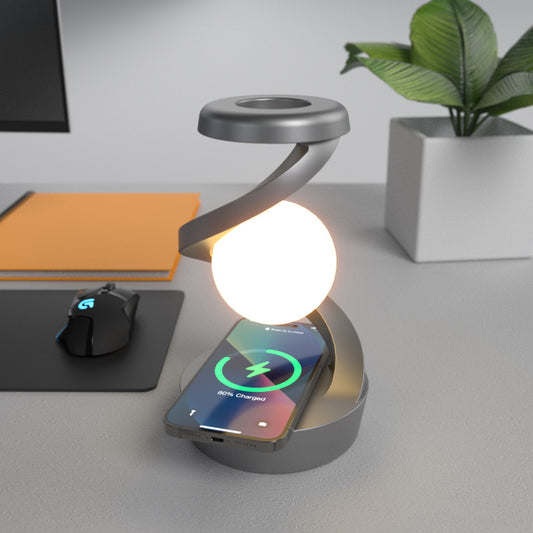 Grey-Black Modern Levitating LED Desk Lamp with Wireless Phone Charger - Spiral Design Atmosphere Light V888-ELOSUNG24984