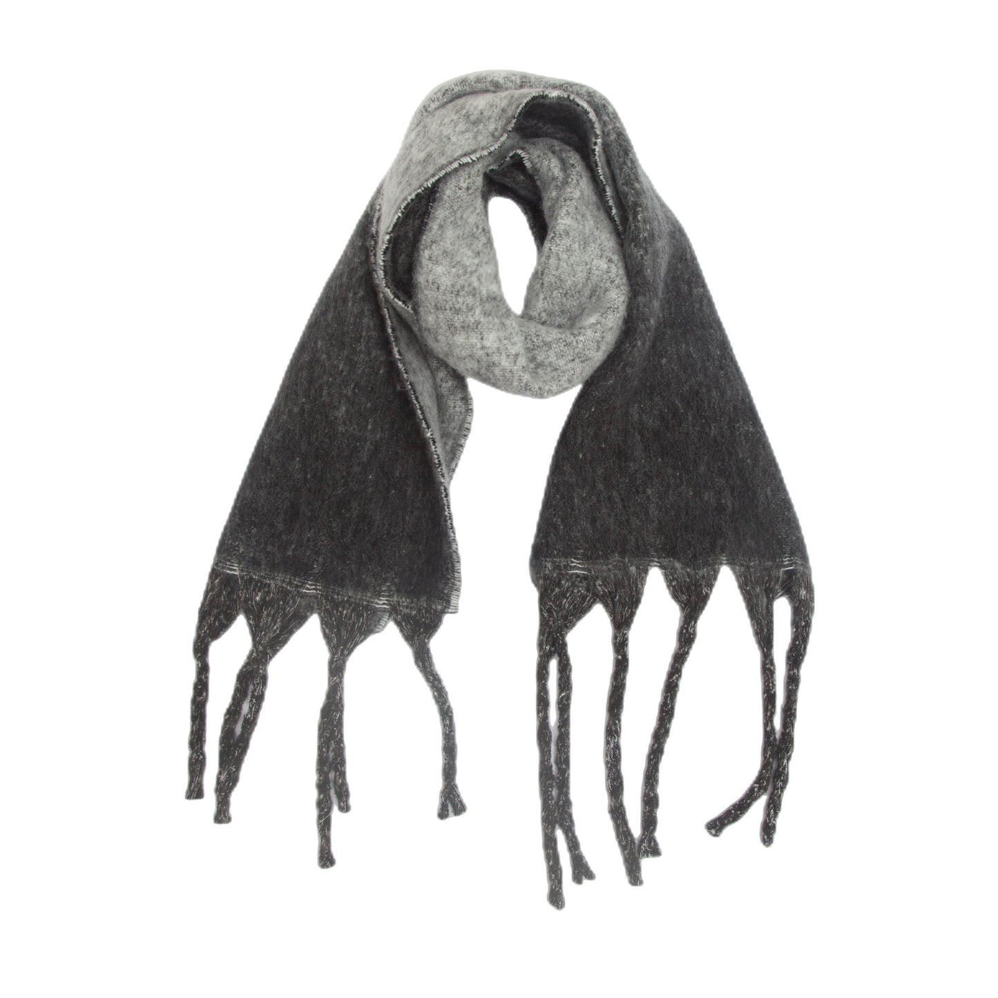 Black Plush Gradient Winter Scarf Shawl - Thick Textured Circle Yarn with Chunky Tassels - 185cm x 40cm V888-ELOSUNG24989