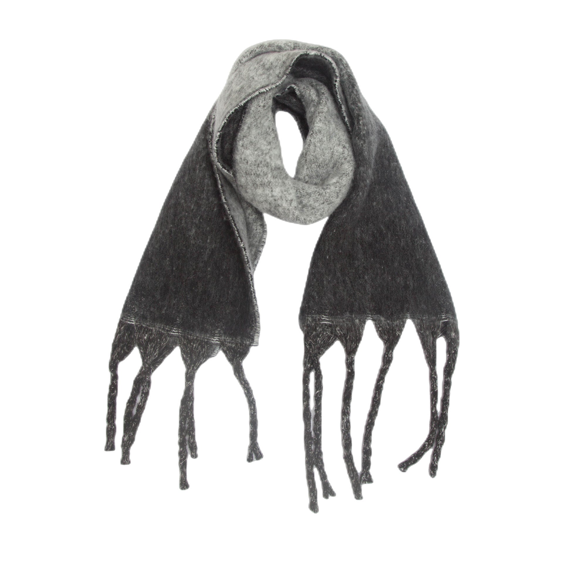 Black Plush Gradient Winter Scarf Shawl - Thick Textured Circle Yarn with Chunky Tassels - 185cm x 40cm V888-ELOSUNG24989