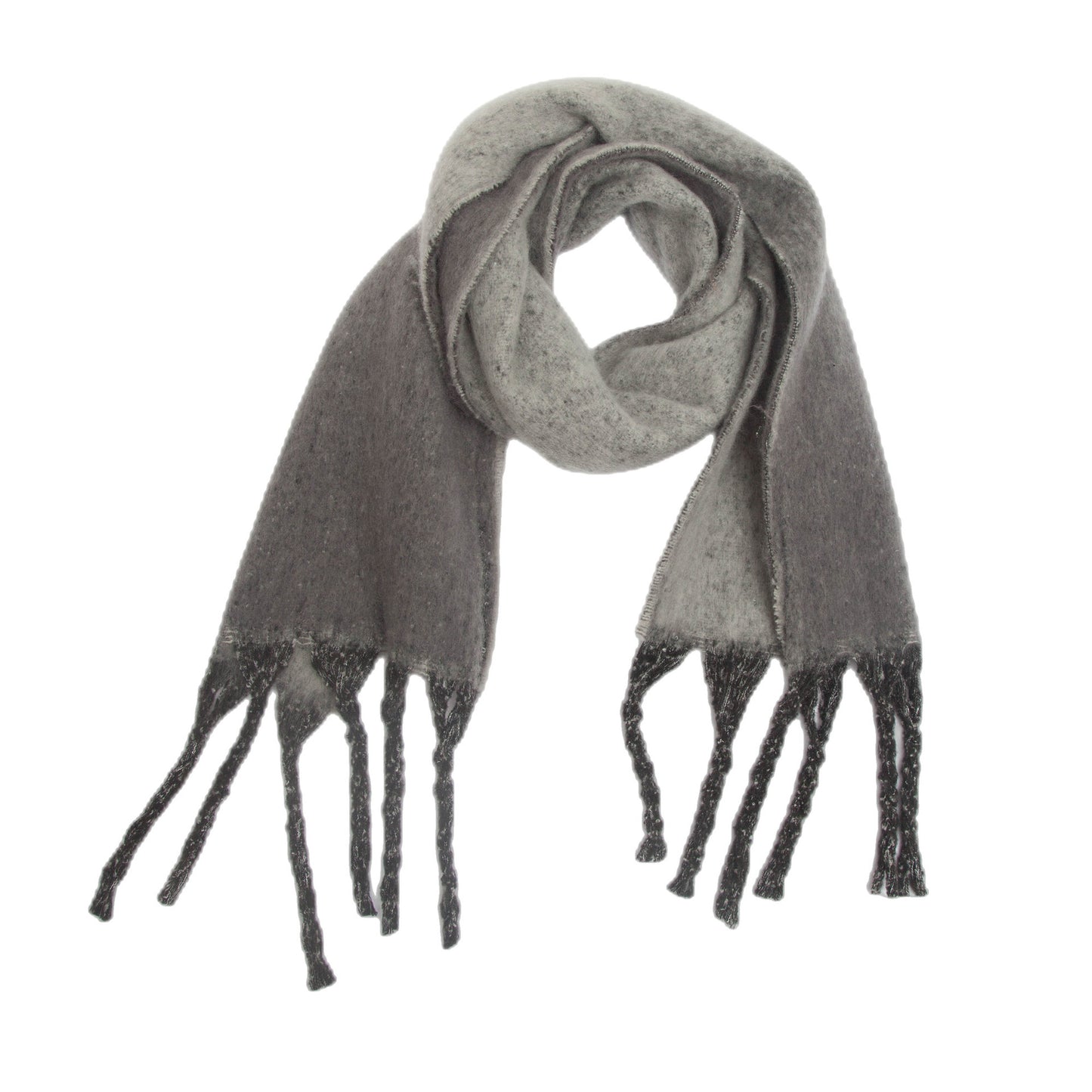 Grey Plush Gradient Winter Scarf Shawl - Thick Textured Circle Yarn with Chunky Tassels - 185cm x 40cm V888-ELOSUNG24990
