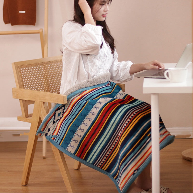 Double-Sided Geometric & Plush Throw Blanket - Warm 70x100cm Multi-Use Wrap(Color stripes/Back side light V888-ELOSUNG25148