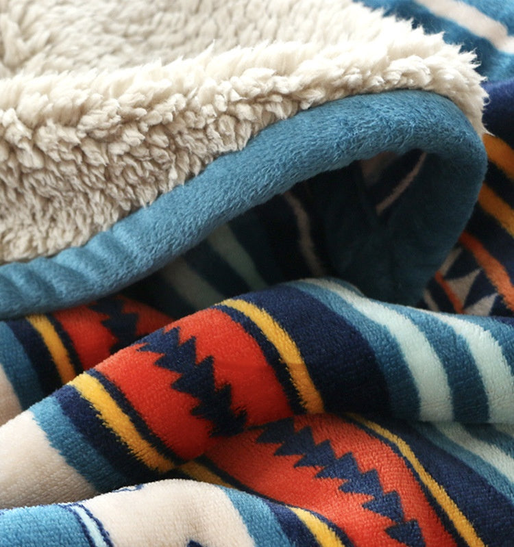 Double-Sided Geometric & Plush Throw Blanket - Warm 70x100cm Multi-Use Wrap(Color stripes/Back side light V888-ELOSUNG25148