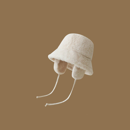 Plush Bucket Hat with Ear Flaps,Warm Furry Winter Hat in White-One size (54-59cm) adjustable V888-ELOSUNG25167