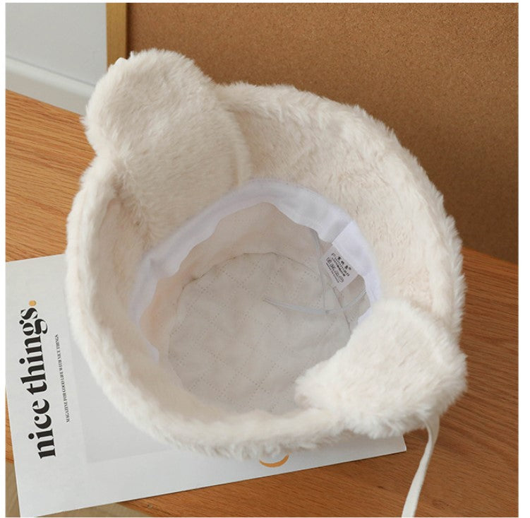 Plush Bucket Hat with Ear Flaps,Warm Furry Winter Hat in White-One size (54-59cm) adjustable V888-ELOSUNG25167