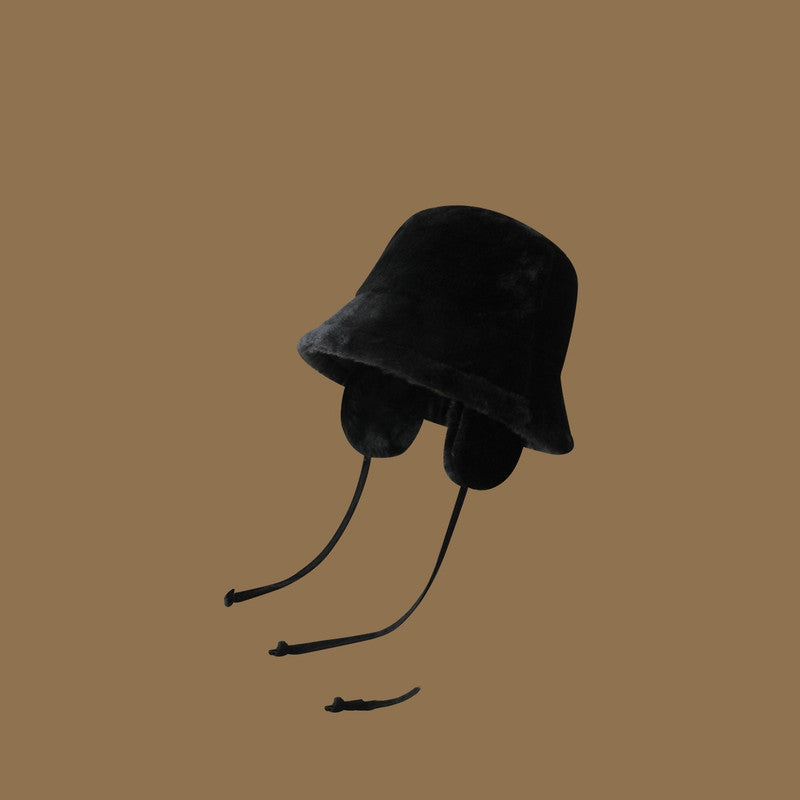 Plush Bucket Hat with Ear Flaps,Warm Furry Winter Hat in Black-One size (54-59cm) adjustable V888-ELOSUNG25170