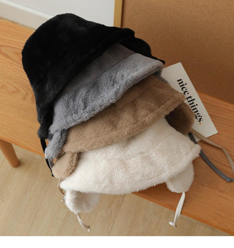 Plush Bucket Hat with Ear Flaps,Warm Furry Winter Hat in Black-One size (54-59cm) adjustable V888-ELOSUNG25170