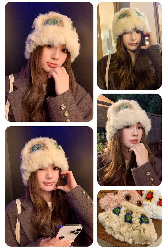 Plush Floral Bucket Hat,Warm Crocheted Winter Hat in White Pink-Hat circumference: 56-60cm V888-ELOSUNG25171
