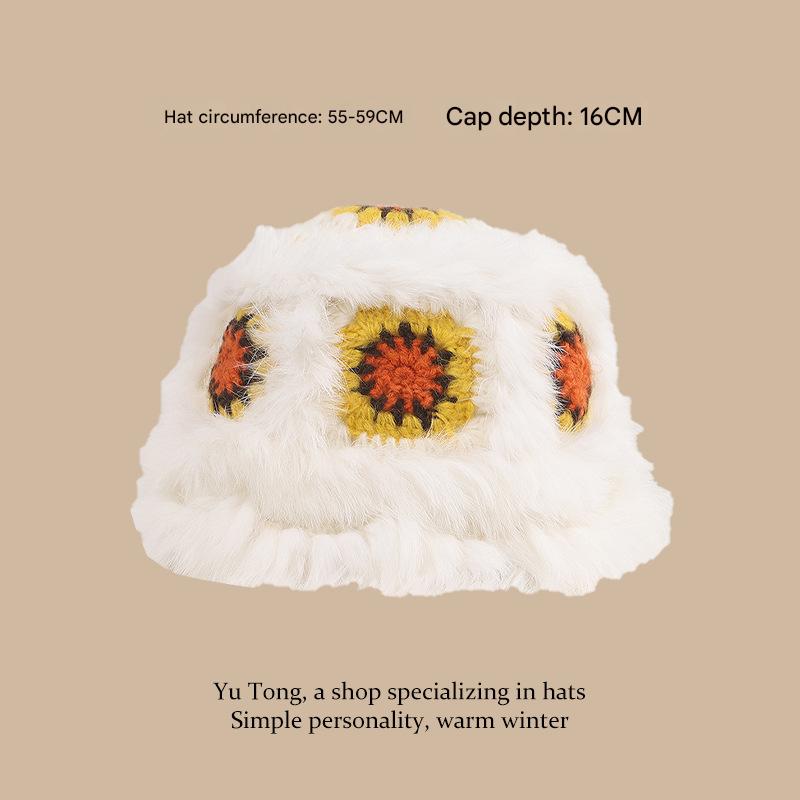Plush Floral Bucket Hat,Warm Crocheted Winter Hat in White yellow-Hat circumference: 56-60cm V888-ELOSUNG25174