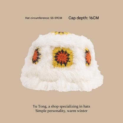 Plush Floral Bucket Hat,Warm Crocheted Winter Hat in White yellow-Hat circumference: 56-60cm V888-ELOSUNG25174