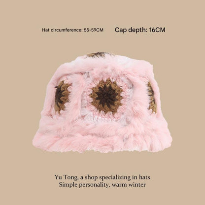Plush Floral Bucket Hat,Warm Crocheted Winter Hat in Pink-Hat circumference: 56-60cm V888-ELOSUNG25175