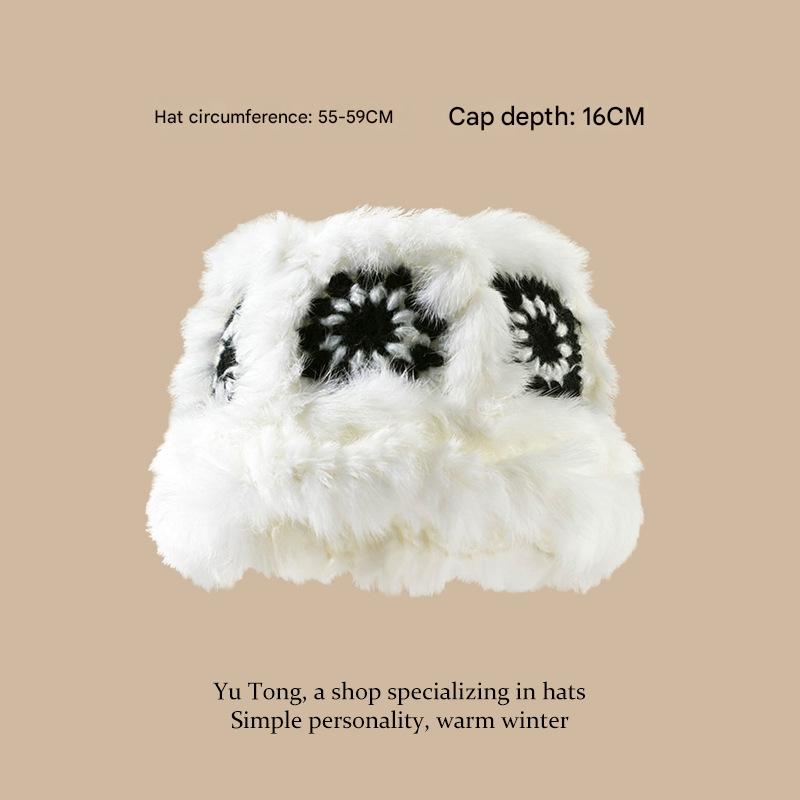 Plush Floral Bucket Hat,Warm Crocheted Winter Hat in Black and White-Hat circumference: 56-60cm V888-ELOSUNG25176