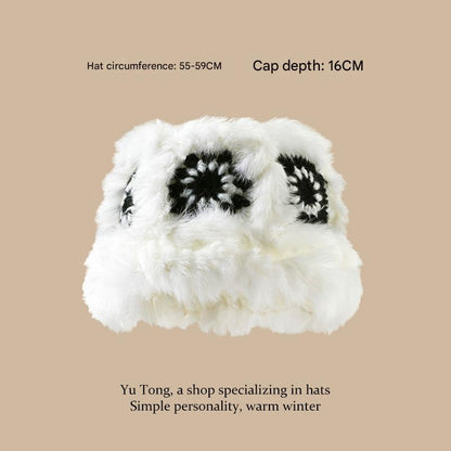 Plush Floral Bucket Hat,Warm Crocheted Winter Hat in Black and White-Hat circumference: 56-60cm V888-ELOSUNG25176