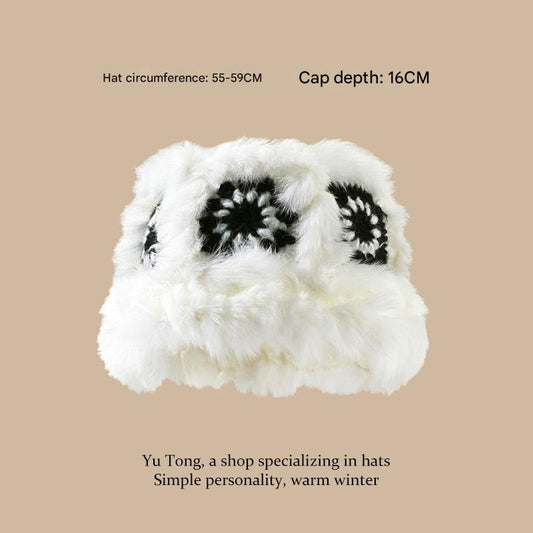 Plush Floral Bucket Hat,Warm Crocheted Winter Hat in Black and White-Hat circumference: 56-60cm V888-ELOSUNG25176
