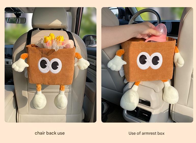 Black Cute Cartoon Car Trash Bin with Adjustable Strap - Water-Repellent Corduroy (19x24cm) V888-ELOSUNG25194