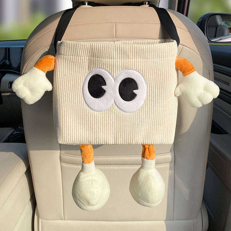 White Cute Cartoon Car Trash Bin with Adjustable Strap - Water-Repellent Corduroy (19x24cm) V888-ELOSUNG25195