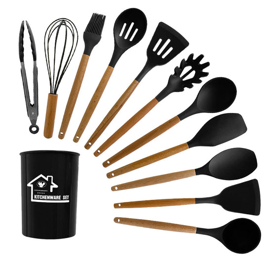 Black 11-Piece Silicone Kitchen Utensil Set with Wooden Handles and Storage Bucket - Heat Resistant and V888-ELOSUNG25197