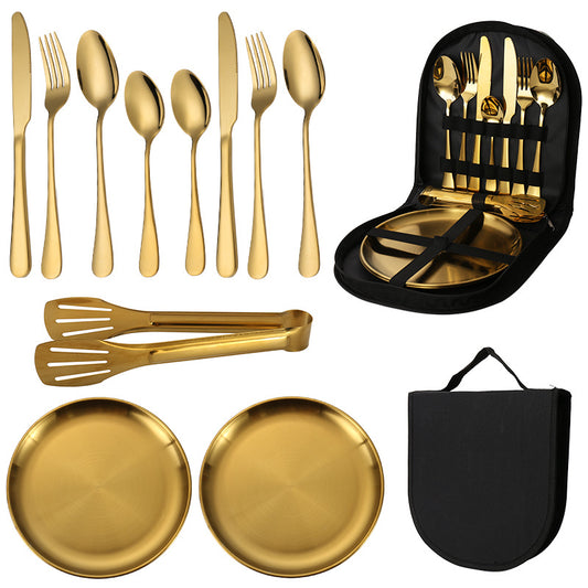 6-Piece Portable Stainless Steel Cutlery Set with Plate and Bag - Gold, Great for Camping and Travel V888-ELOSUNG25210