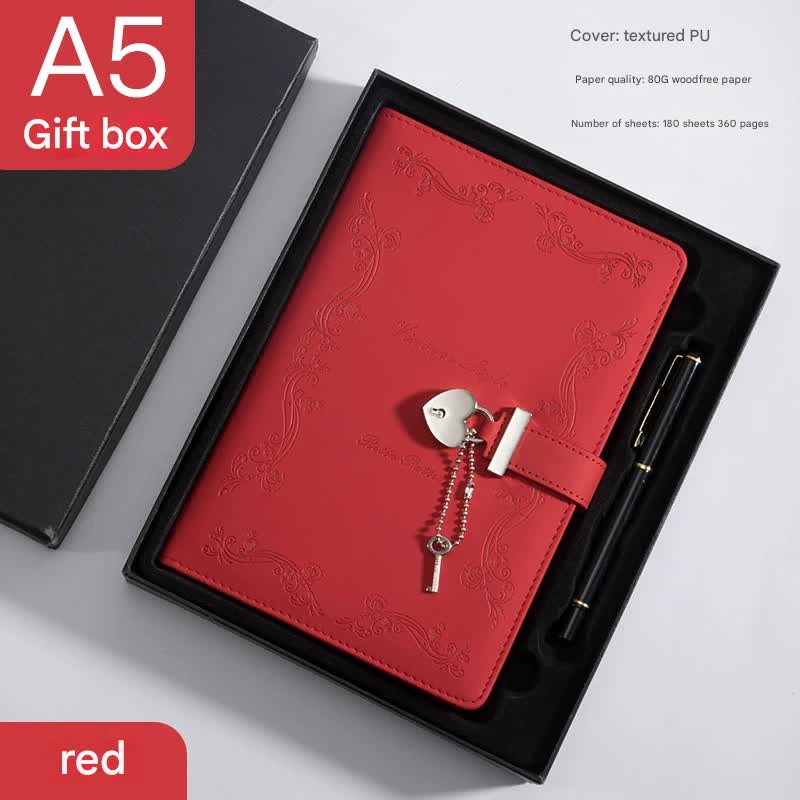 Heart Lock Diary with Key - Vintage Style Journal, Red PU Leather, Secure and Elegant V888-ELOSUNG25272