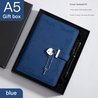 Heart Lock Diary with Key - Vintage Style Journal, Blue PU Leather, Secure and Elegant V888-ELOSUNG25273