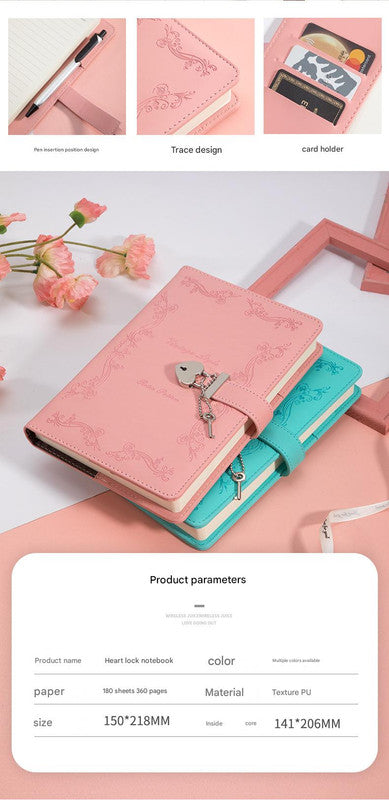 Heart Lock Diary with Key - Vintage Style Journal, Blue PU Leather, Secure and Elegant V888-ELOSUNG25273