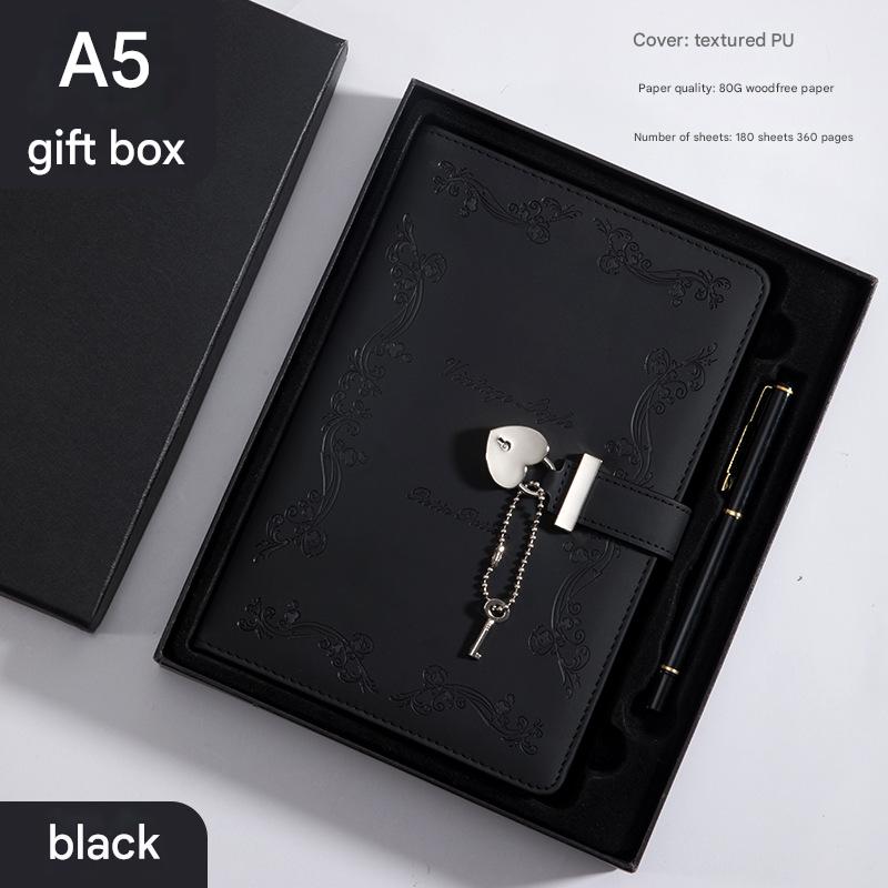 Heart Lock Diary with Key - Vintage Style Journal, Black PU Leather, Secure and Elegant V888-ELOSUNG25274