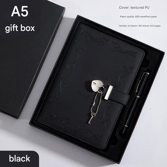 Heart Lock Diary with Key - Vintage Style Journal, Black PU Leather, Secure and Elegant V888-ELOSUNG25274