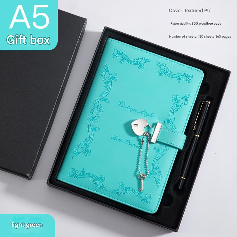 Heart Lock Diary with Key - Vintage Style Journal, Green PU Leather, Secure and Elegant V888-ELOSUNG25276
