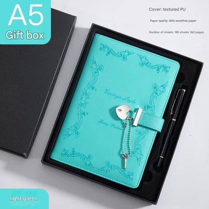 Heart Lock Diary with Key - Vintage Style Journal, Green PU Leather, Secure and Elegant V888-ELOSUNG25276