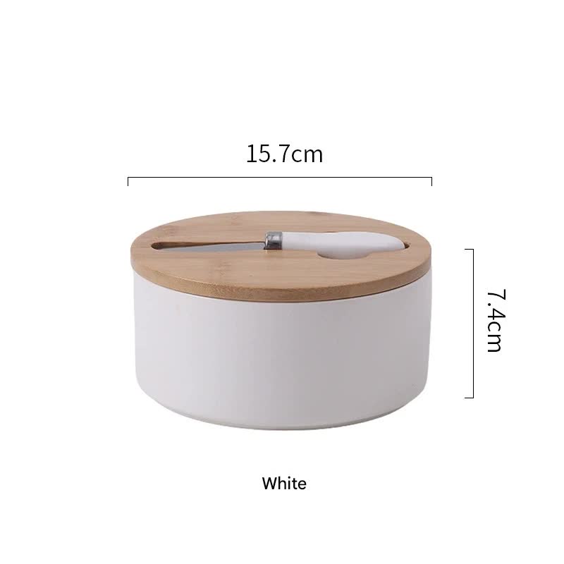 White Nordic Ceramic Butter Dish with Knife - Airtight Cheese Container with Bamboo Lid, Kitchen Storage V888-ELOSUNG25277