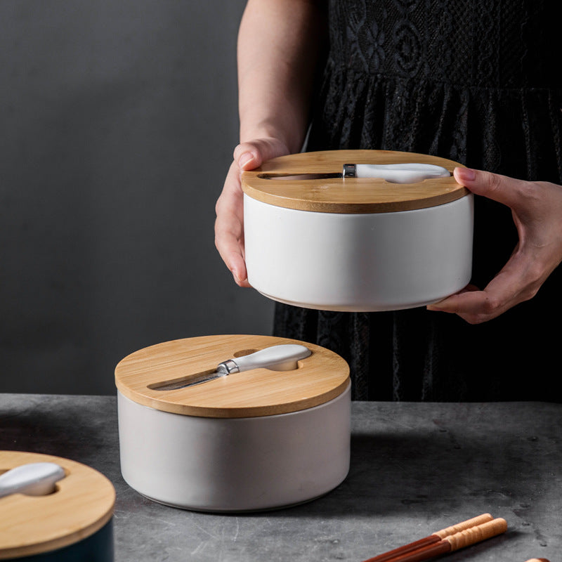 White Nordic Ceramic Butter Dish with Knife - Airtight Cheese Container with Bamboo Lid, Kitchen Storage V888-ELOSUNG25277