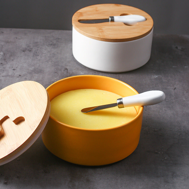 White Nordic Ceramic Butter Dish with Knife - Airtight Cheese Container with Bamboo Lid, Kitchen Storage V888-ELOSUNG25277
